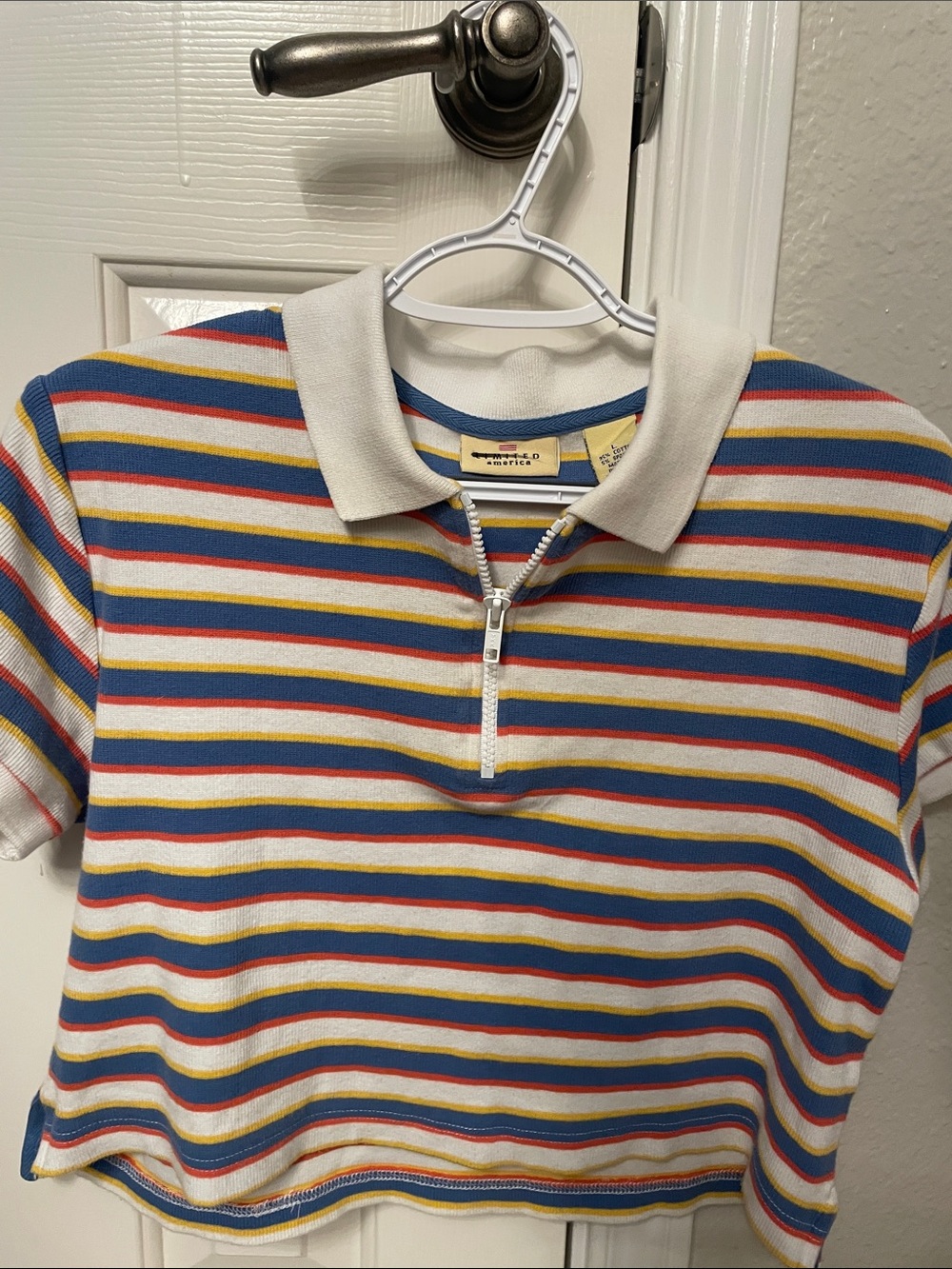The Limited Striped Cropped Polo in Blue, Red, Yellow & White